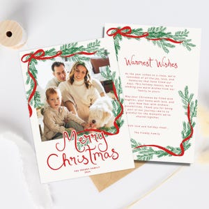 Festive Photo Christmas Card Template, Merry Christmas Card Red Bow Christmas Card, Green and red Holiday Card, Photo Digital Christmas Card
