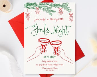 Puede incluir: Una invitación navideña para una noche de chicas. La invitación presenta una rama de pino verde con adornos rojos, dos copas de vino tinto con lazos rojos y el texto "join us for a Merry little Girls Night". La fecha es 21.12.2024, la hora es 6pm y la ubicación es 123 Gingerbread Palace, Holytown 1234. Por favor, confirma tu asistencia con Olivia al 123 456 789.