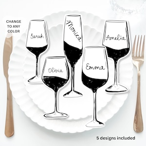 Wine glass Place Cards Template, Whimsical Place Card, Red wine glass Place Card, White wine Editable Table, Wine Bridal shower place card