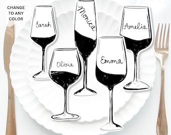 Wine glass Place Cards Template, Whimsical Place Card, Red wine glass Place Card, White wine Editable Table, Wine Bridal shower place card