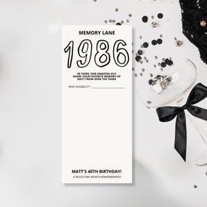 1986 Trivia Birthday Table Decor, Funny 40th Birthday Memory Lane, Icebreaker Game, Rewind to 1986 Party Printable, Favorite memory