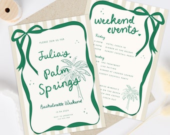 Palm Springs Bachelorette Party Invite Template, Palm tree Bachelorette Weekend Invitation, Wavy Invite Bow Trendy Hens invite Itinerary