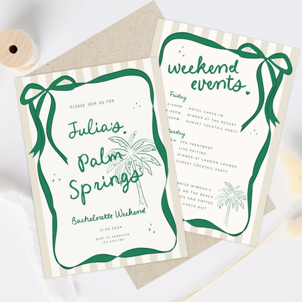 Palm Springs Bachelorette Party Invite Template, Palm tree Bachelorette Weekend Invitation, Wavy Invite Bow Trendy Hens invite Itinerary