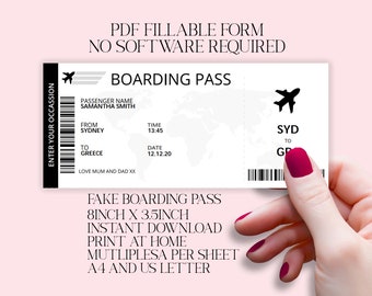 Print-at-home, Boarding Pass, Surprise Trip, Airline Ticket, Flight Gift Voucher, Fake Ticket, Gift coupon, Instant download, Editable PDF
