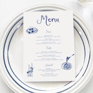 Pizza and Pasta Dinner Menu, French bistro Menu Printable, Blue Dinner Wedding Menu Template for Reception, simple blue menu bridal shower