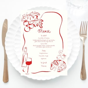 Red Italian Inspired Menu Template printable, Hand drawn line art illustrated pizza party food menu, Whimsical menu scribble Italian menu