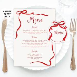 Red Bauble Place Cards and menu Template, Whimsical PlaceCard red Place Card with menu, Christmas Table menu, Fancy Bridal shower placecard