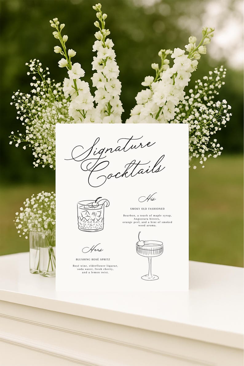 Signature Cocktails Drinks Menu Template Printable, Wedding Bridal Bar ...