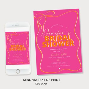 Bridal shower invitation Orange Pink wave invitation, Bridal shower invitation template, Pretty Bow Pink and Orange Bridal Shower invite Hen image 3