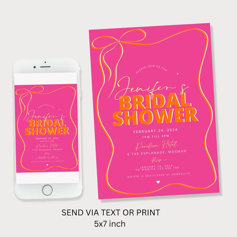 Bridal shower invitation Orange Pink wave invitation, Bridal shower invitation template, Pretty Bow Pink and Orange Bridal Shower invite Hen image 3
