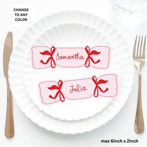 Pink Christmas Place Cards Template, Christmas Whimsical PlaceCard, Bow Cracker Place Card, Bow Editable Table, Fancy Christmas placecard