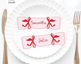 Pink Christmas Place Cards Template, Christmas Whimsical PlaceCard, Bow Cracker Place Card, Bow Editable Table, Fancy Christmas placecard
