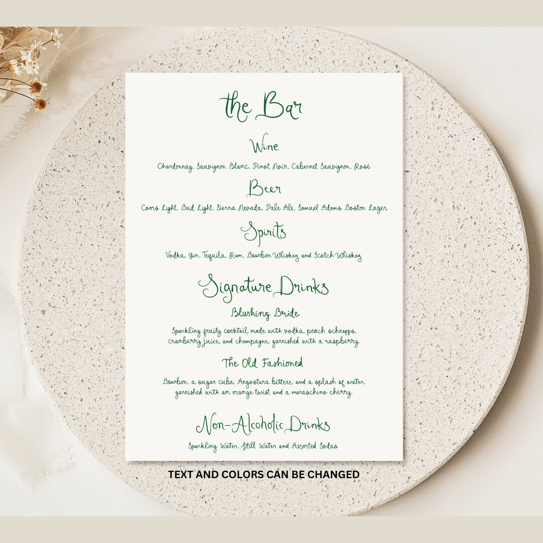 Drinks Menu Template Printable, Handwritten Wedding Bar Menu, Signature ...
