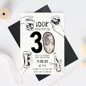 May include: A black and white birthday invitation with the text "LOOK who's turning 30". The invitation includes a photo of a baby, illustrations of hands holding drinks, and event details. The invitation is for Matt's 30th birthday.
