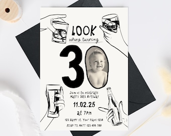 30th Birthday Invitation Template, Male 30th birthday invite, Cheers to 30 Years Invitation, look who's 30 Invite template, Beer 30th