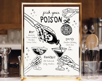 Drinks Menu Template, Til death do us party Bar Menu, Halloween spooky menu drawn, Bride or die drinks menu sign, potions cocktail menu
