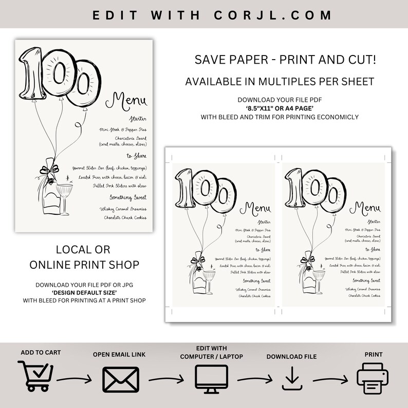 100th Birthday Menu Template Printable, Hand Drawn Dinner Menu for ...