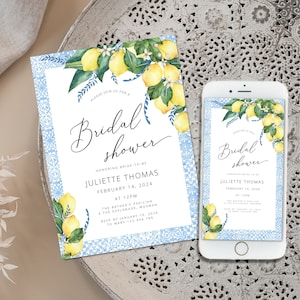 Mediterranean Lemon Bridal Shower Invitation Template, Italian Blue Tiles Bridal Shower Invite, Main Squeeze, Instant Download et155