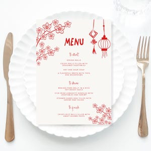 Chinese New Year menu Template, Asian themed wedding menu, Lunar New Year 2025, Chinese menu Celebration for Friends Party menu red Asian