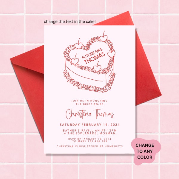 Illustrated Bridal Shower Invitation - Hand drawn Heart Cake scribble Bridal Shower invite - Pink and Red Bridal Shower Digital download