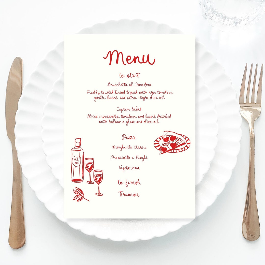 Pizza Party Menu Template Printable, Hand Drawn Line Art Illustrated ...