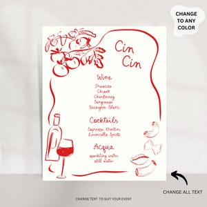 May include: A white menu card featuring red line art illustrations of tomatoes, a wine bottle, a wine glass, and pasta shapes. The text includes Cin Cin, Wine, Prosecco, Chianti, Chardonnay, Sangiovese, Sauvignon Blanc, Cocktails, Espresso Martini, Limoncello Spritz, Acqua, sparkling water, and still water.