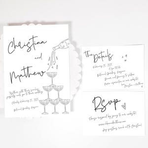 Hand Drawn Wedding Invitation Template, Scribble Illustration, Handwritten Vintage Style Fancy Wine Tower wedding invite, Unique wedding