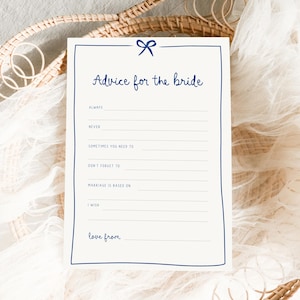 Advice For The Bride Cards template, Printable Bridal Shower Games, Bridal Shower Advice Cards Template, Whimsical blue bow bridal
