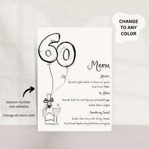 60th Birthday Menu Template Printable, Hand Drawn Dinner Menu for 60th ...