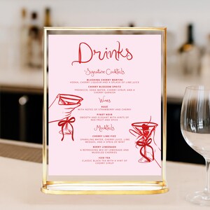 Martini Drinks Menu Template printable, Cherry on top bridal Bar Menu, Drinks wedding menu drawn, whimsical bridal shower drinks menu