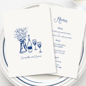 Wedding Menu Template printable, Handwritten whimsical wedding party food menu, Engagement menu French inspired menu whimsical blue menu