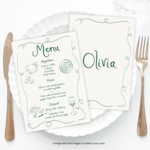Whimsical Wedding Menu Template printable, Hand drawn line art illustrated wedding party food menu, Modern wedding menu scribble menu icons
