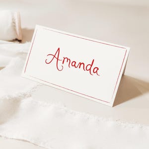 Handwritten Place Cards Template, Whimsical Place Card, Red Place Card, Red Editable Table Name Card bridal shower dinner place card