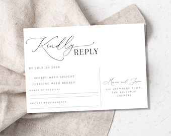 Wedding RSVP card template, RSVP card template, simple wedding response, black & white minimalist handwriting style RSVP, editable download