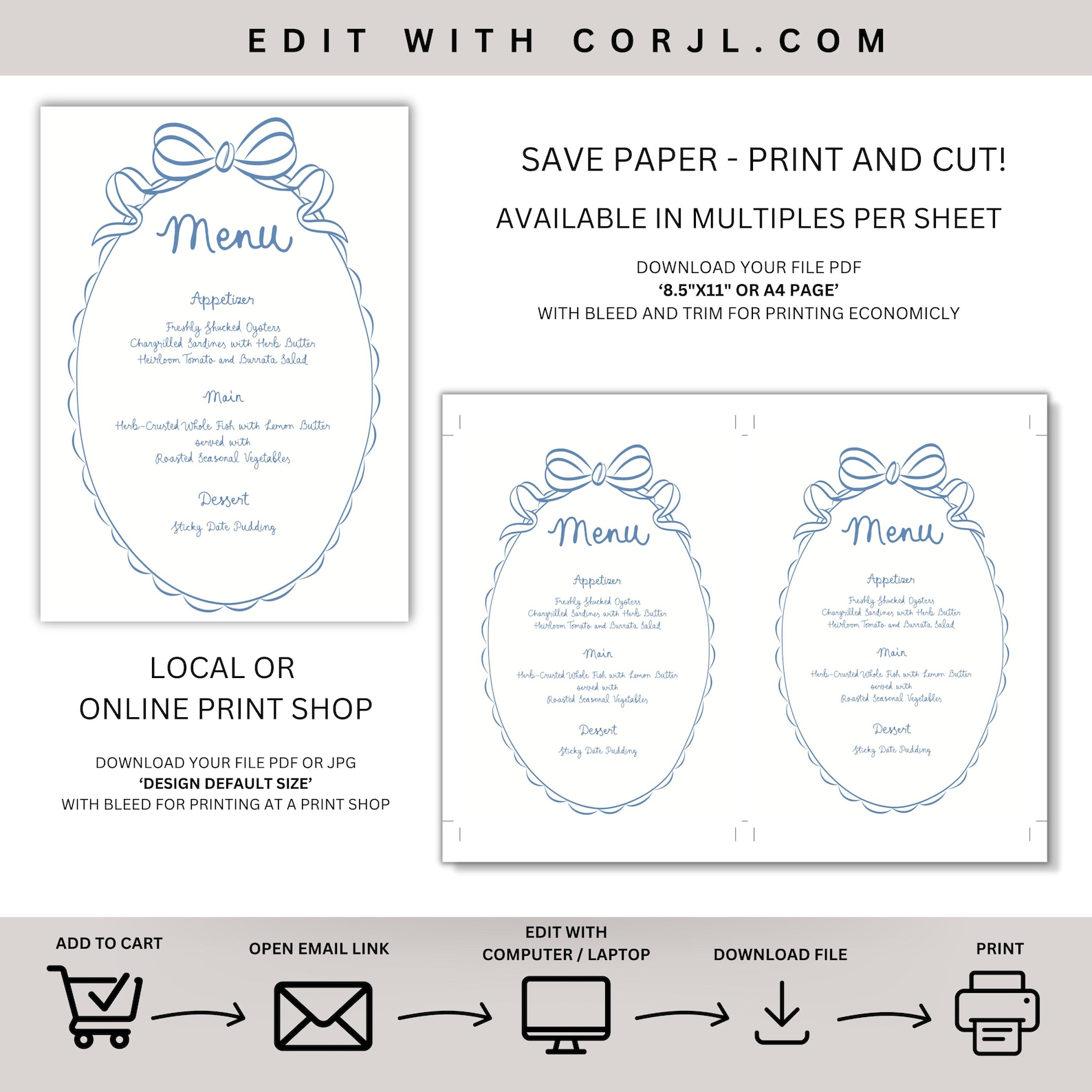 Blue Bow Menu Template • Elegant Wedding Menu Printable • Editable Bow ...