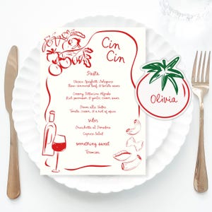 Red Italian Inspired Menu Template printable, Hand drawn art illustrated pasta party food menu, Tomato palcecard menu scribble Italian menu