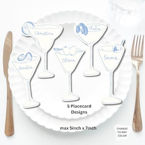 Blue Cocktail Place Cards Template, Whimsical PlaceCard, Martini glass Place Card, Magarita Editable Table, Cocktail Bridal shower placecard
