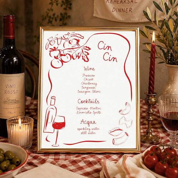 Italian Bar Menu Template, Cin Cin Wedding Drinks Menu, Hand Drawn Italian Bar Sign, Editable Wedding Cocktail Menu