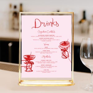 Cherry on top Drinks Menu Template printable, Cherry on top bridal Bar Menu, Drinks wedding menu drawn, whimsical bridal shower drinks menu