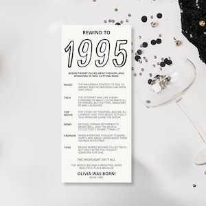 1995 Trivia Birthday Table Decor, Funny 30th Birthday Fun Facts, Icebreaker Game, Rewind to 1995 Party Trivia Printable