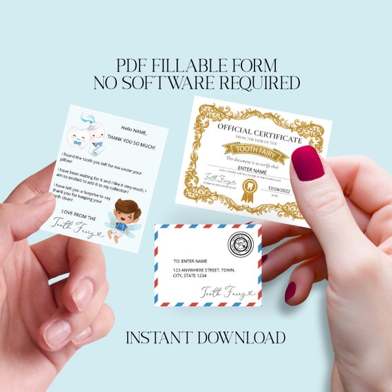 Print-at-home - Mini Tooth Fairy set/certificate & envelope - First tooth- Personalise NO software required - Editable PDF Instant Download