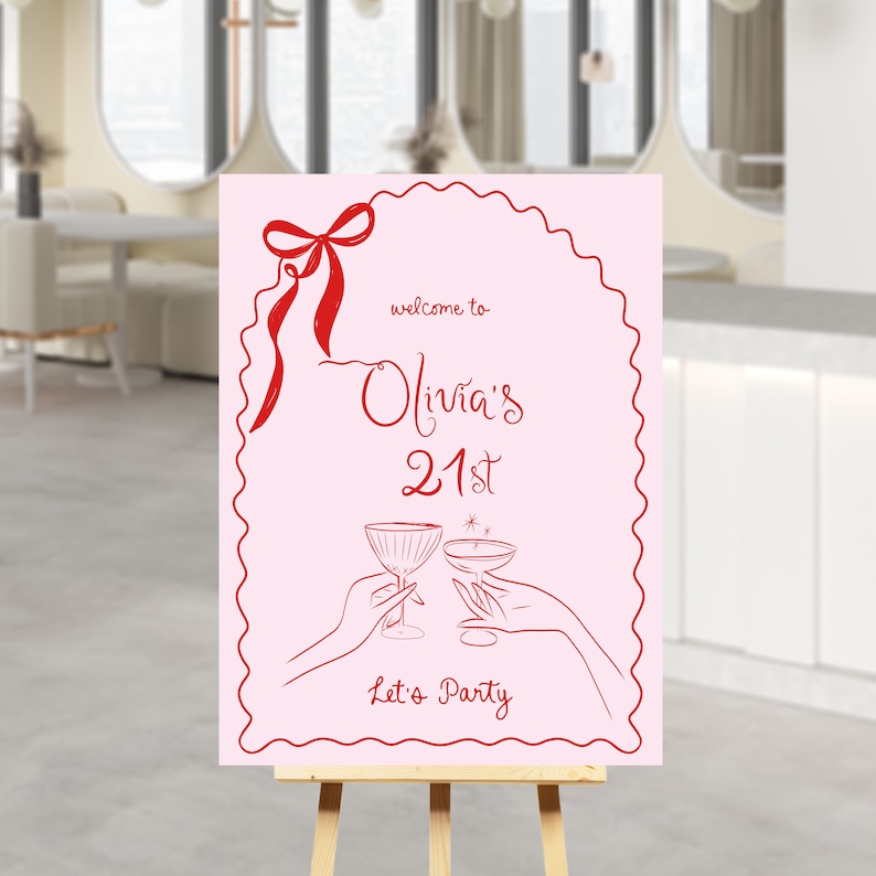 21st Welcome Sign Pink, Red and Pink Birthday Sign for Girl, Editable ...