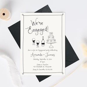 Engagement Party Invitation Illustration invite, Handwritten Vintage engagement invite, we&#39;re engaged Invite for Engagement Party bow invite