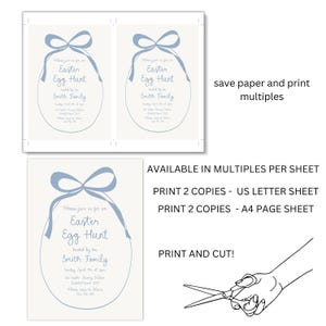 May include: Printable invitation for an Easter egg hunt with a blue ribbon and egg design. The invitation says "Please join us for an Easter Egg Hunt hosted by the Smith Family".