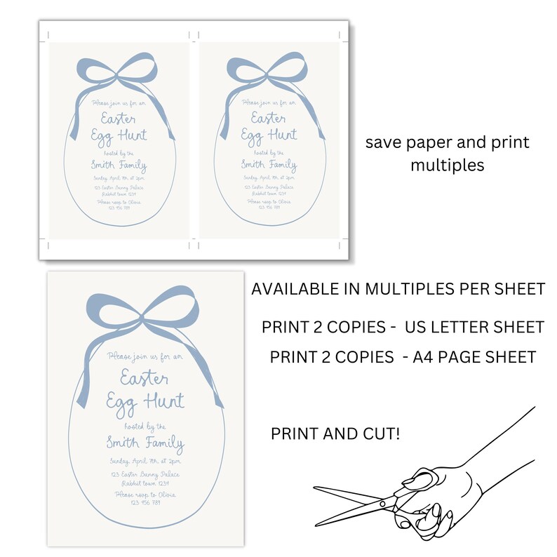 May include: Printable invitation for an Easter egg hunt with a blue ribbon and egg design. The invitation says "Please join us for an Easter Egg Hunt hosted by the Smith Family".