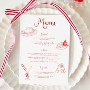 Christmas Menu Template printable, Hand drawn line art Christmas food menu red, Whimsical menu scribble, Holiday Menu Template Printable