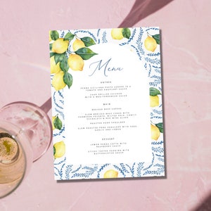 Lemon wedding menu cards, lemon floral menu template, bridal shower lemon menu, Italian tiles menu card, Italian wedding menu et152