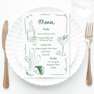 Green Mexican Menu Template printable, Let's Fiesta menu wedding food menu, Tacos and tequila menu, Mexican bridal shower menu engagement
