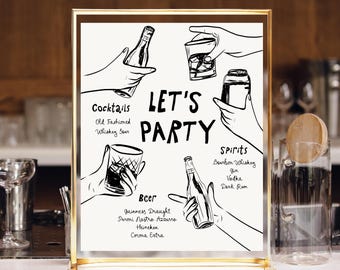 Drinks Menu Template printable, 30th birthday beer Bar Menu, Drinks wedding menu drawn, whimsical cheers and beers bar sign engagement