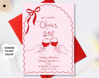 21st Birthday Invitation, Whimsical Twenty One Birthday Invite, Red Pink Editable Adult Party Invitation, hand drawn 21st Birthday invite